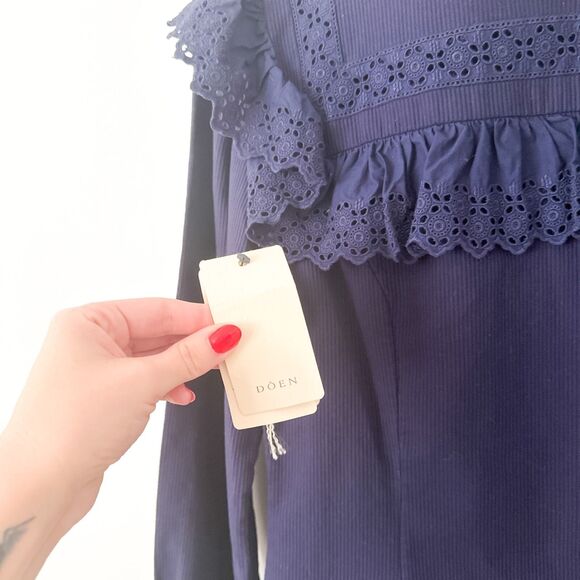 Doen Minore Dress Navy Size S Eyelet Collared Long Sleeve Organic Cotton Cottage - Picture 6 of 13